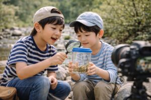 キャンプ場で二人の息子が並んで地面を見つめ、落ち葉や小石に触れながら遊んでいる様子。自然の中でそれぞれの興味に集中している風景。