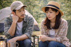 キャンプ場で親が椅子に座り、自然の中で周囲を眺めながら静かに過ごしている様子。落ち着いた表情で一日の出来事を振り返っている風景。