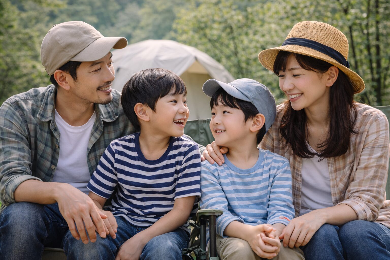 キャンプ場で家族が並んで座り、自然の中で同じ景色を眺めながら穏やかな時間を過ごしている様子。
