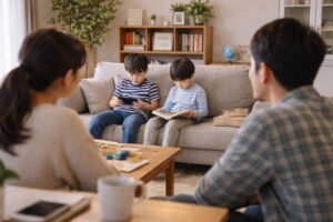 自宅のリビングで、親がソファに座る二人の子どもを見守りながら過ごしている様子。それぞれが別のことをしながら同じ空間にいる風景。