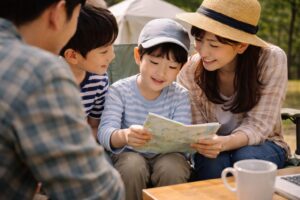キャンプ場で親の視点から、子どもが近くで作業をしたり自然に触れたりしている様子を見守っている場面。