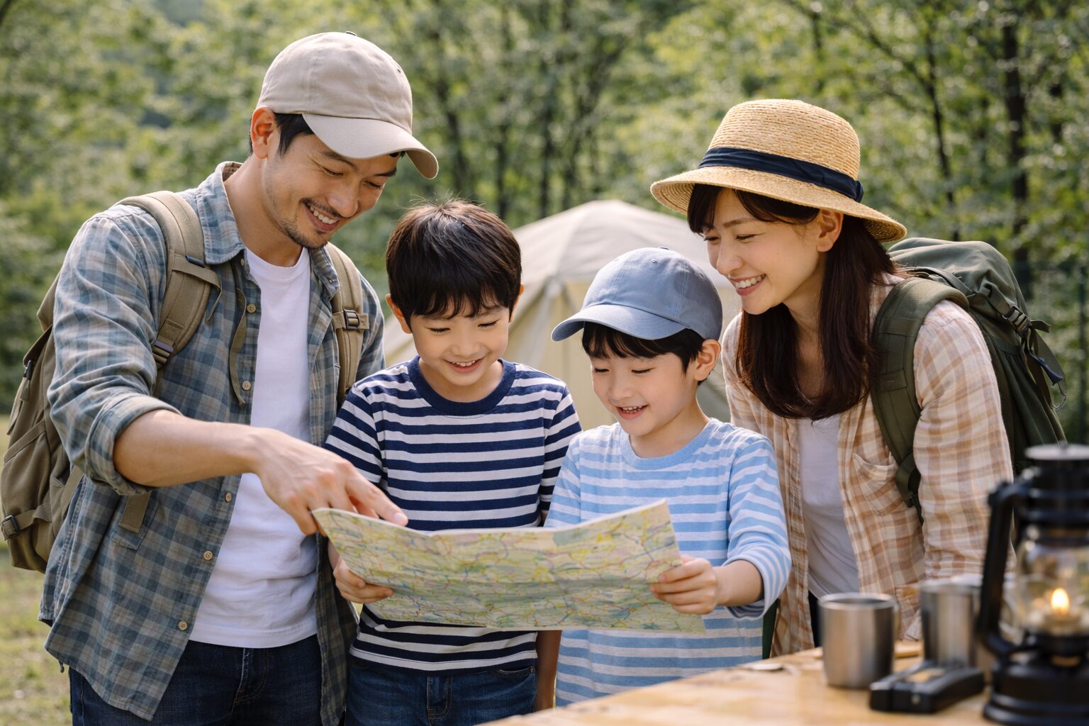 キャンプ場で家族がテント周辺を歩きながら、周囲の環境を確認している様子。親子で相談しながら過ごし方を考えている風景。