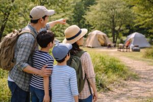 キャンプ場で親子がテントサイトを見渡しながら、どこで過ごすかを話し合っている様子。周囲の環境を確認している風景。