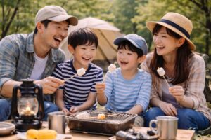 キャンプ場で家族がリラックスした雰囲気の中、笑顔で会話をしながらキャンプの時間を過ごしている様子。