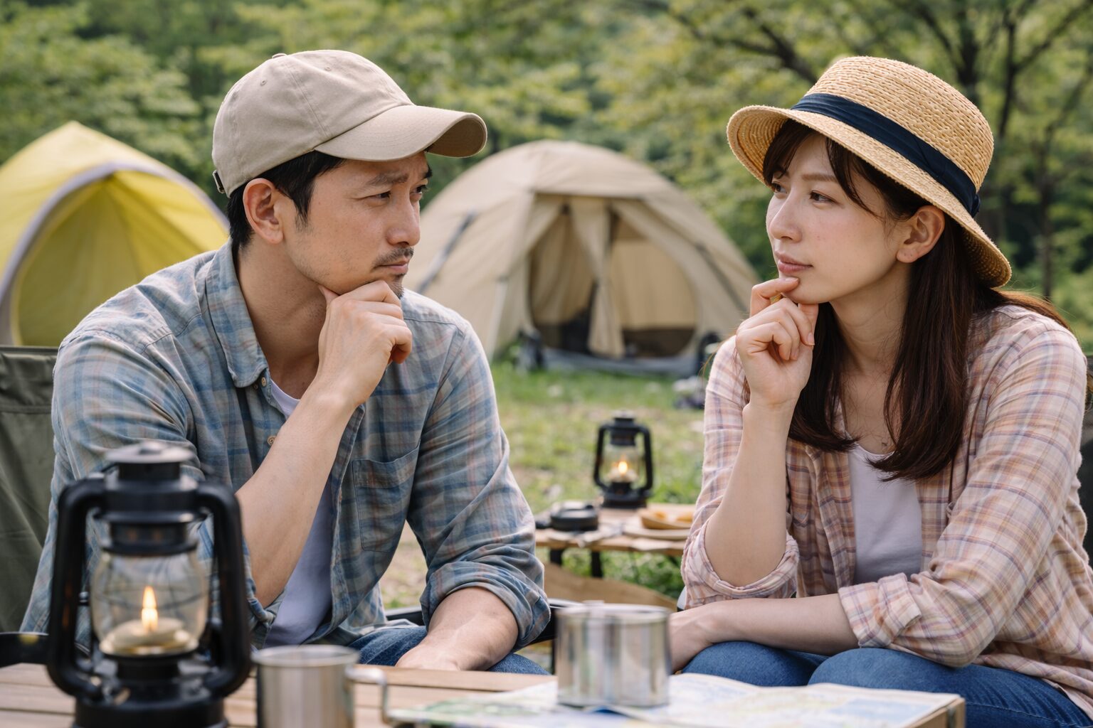 キャンプ場で両親が周囲を見渡しながら、日帰りか宿泊かについて相談している様子。過ごし方を考えている場面。