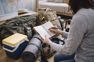 自宅で親がキャンプ用品やチェックリストを前に、出発前の準備内容を確認している様子。