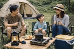 キャンプ場で親子がテントの近くに座り、周囲の自然を眺めながらゆったりと過ごしている様子。