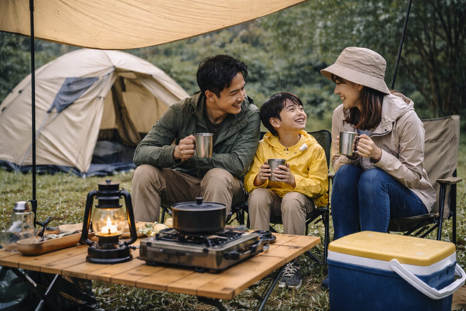 小雨が降るキャンプ場で、テント周辺の様子が見える風景。雨の中で親子キャンプをしている状況をイメージした場面。