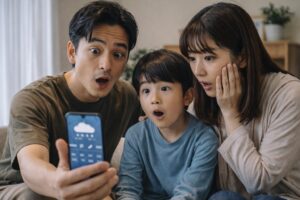 キャンプの準備中に、天気予報を確認している親が雨の予報に気づき、少し驚いた様子を見せている場面。