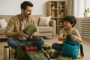 親子でアウトドアチェアに座りながら、川辺でのんびり過ごしている様子