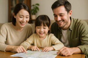 室内でテント遊びを楽しむ家族3人の様子。子どもと親が一緒にキャンプごっこをしている。
