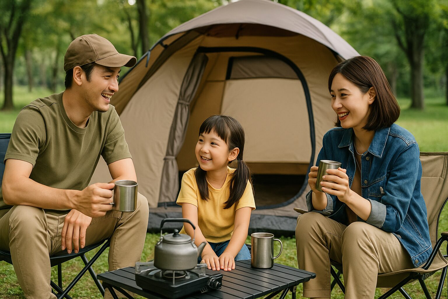 木々に囲まれたキャンプ場で、テントの前に座る父・母・娘の3人家族が笑顔でマグカップを手に談笑している様子。