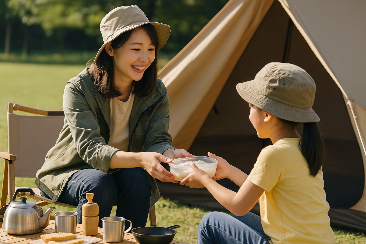 木陰の中でピクニックシートに座り、おにぎりを食べながら笑顔で過ごすアジア系の親子連れ。日帰りキャンプのひとときを楽しんでいる様子。
