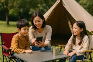 親子でキャンプ場のレンタルテントの前に立っている様子を写した写真。初心者でも気軽に楽しめる雰囲気が伝わる。