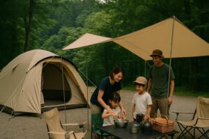 テントのそばでリラックスして過ごす家族連れの様子