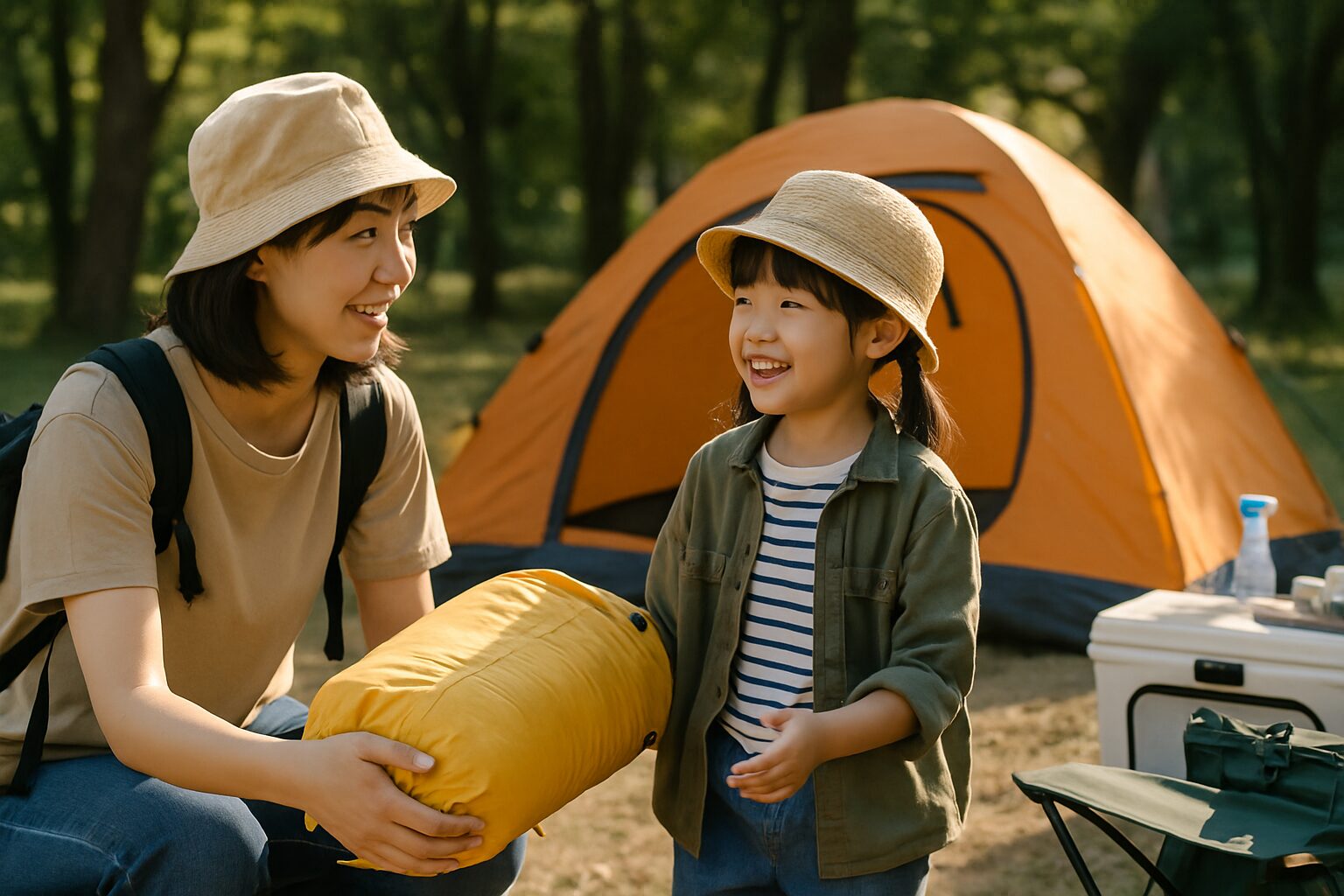 草原のキャンプ場で、母親と娘が笑顔で荷物の確認をしている様子。テントと自然の風景が背景に広がる。