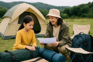 親子でキャンプ道具を確認している様子を写した写真