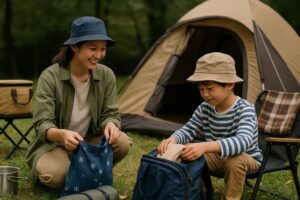 秋の森で、親子が防寒具を身に着けて焚き火のそばに座っている様子