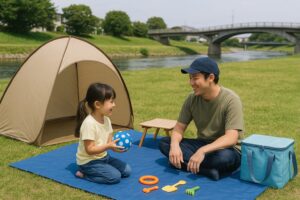 河原の芝生で、父親と娘が青いレジャーシートの上で笑顔を交わしながら遊んでいる様子。後方には簡易テントと石橋が見える。