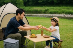 芝生の河原で父親が娘にサンドイッチを手渡している様子。ポップアップテントとミニテーブルが設置され、自然の中で親子が笑顔で食事を楽しんでいる。