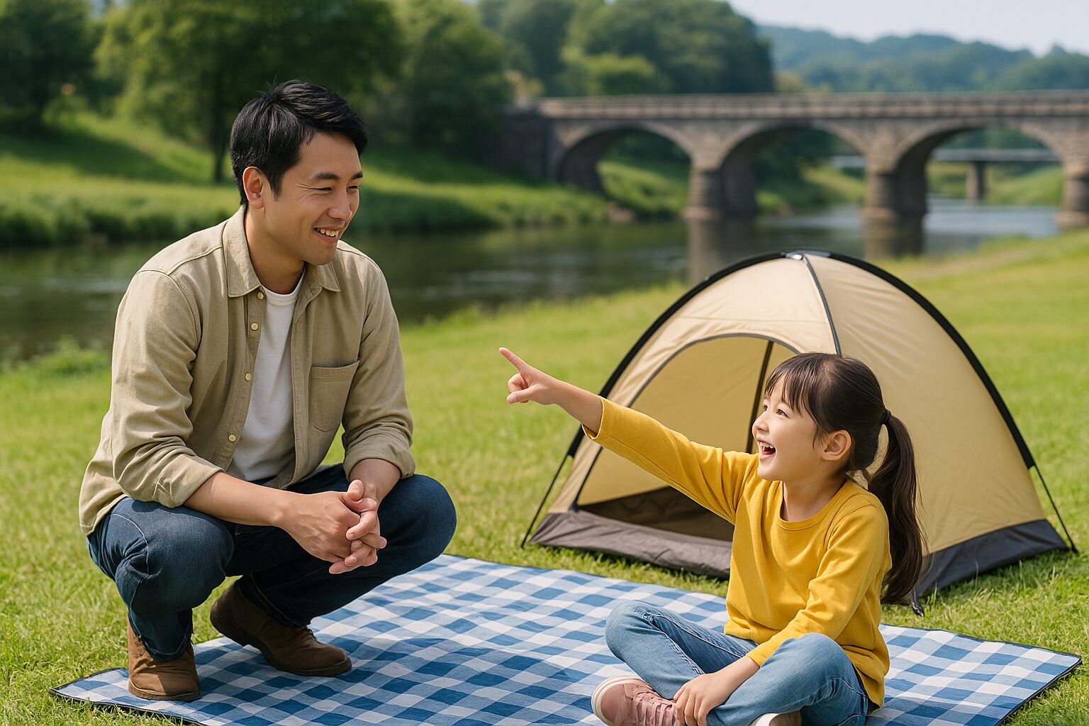 親子が自然の中で寄り添いながらキャンプを楽しんでいる様子