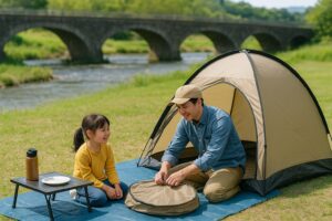木陰の下でレジャーシートに座って休憩する親子の様子