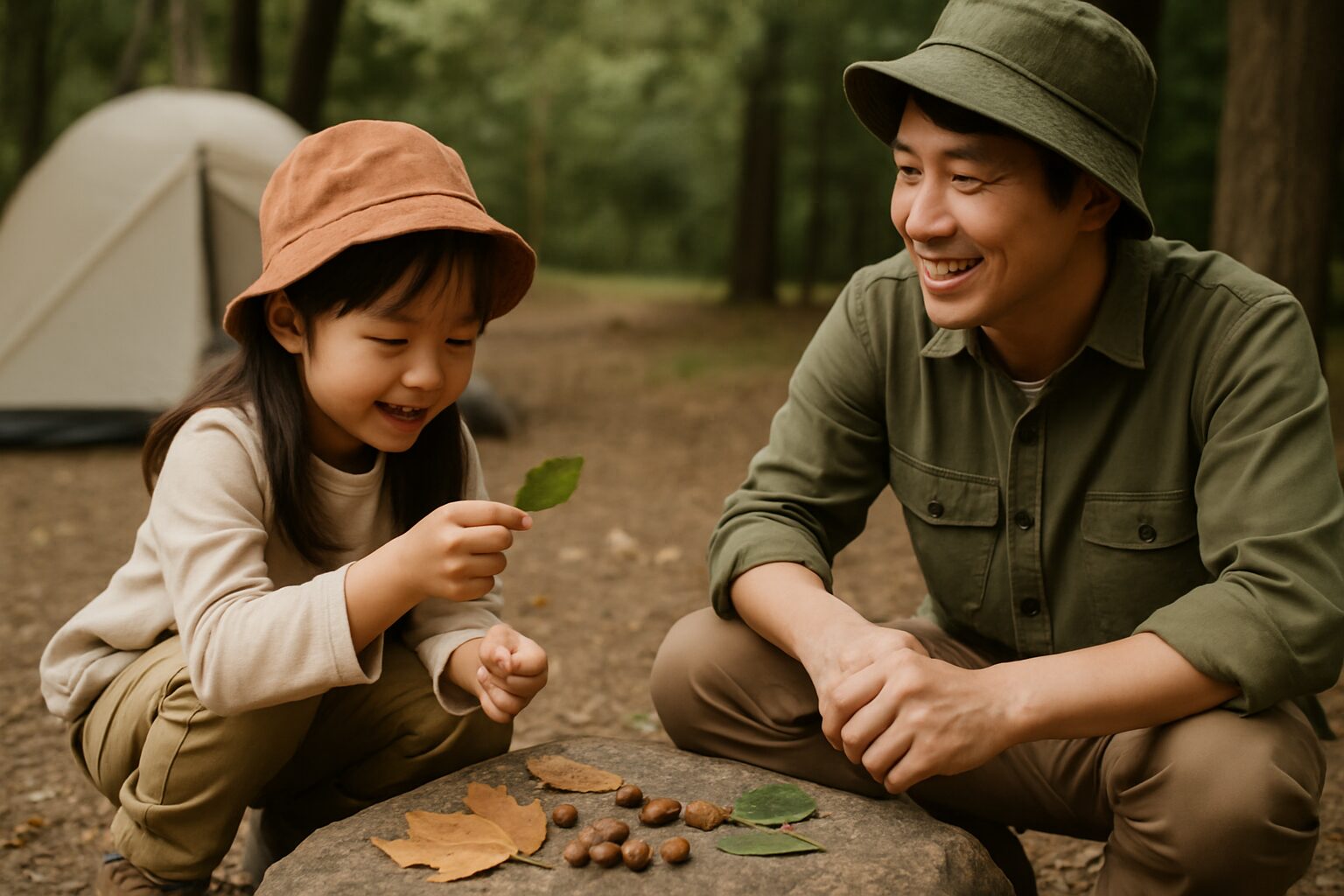 親子が自然の中で葉っぱや木の実を使って遊びながら、笑顔で過ごすキャンプのひととき。