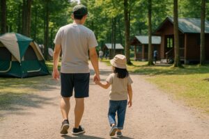 親子でキャンプを楽しむ様子。父親と娘が自然の中で手を取り合い、微笑みながら歩いている風景。