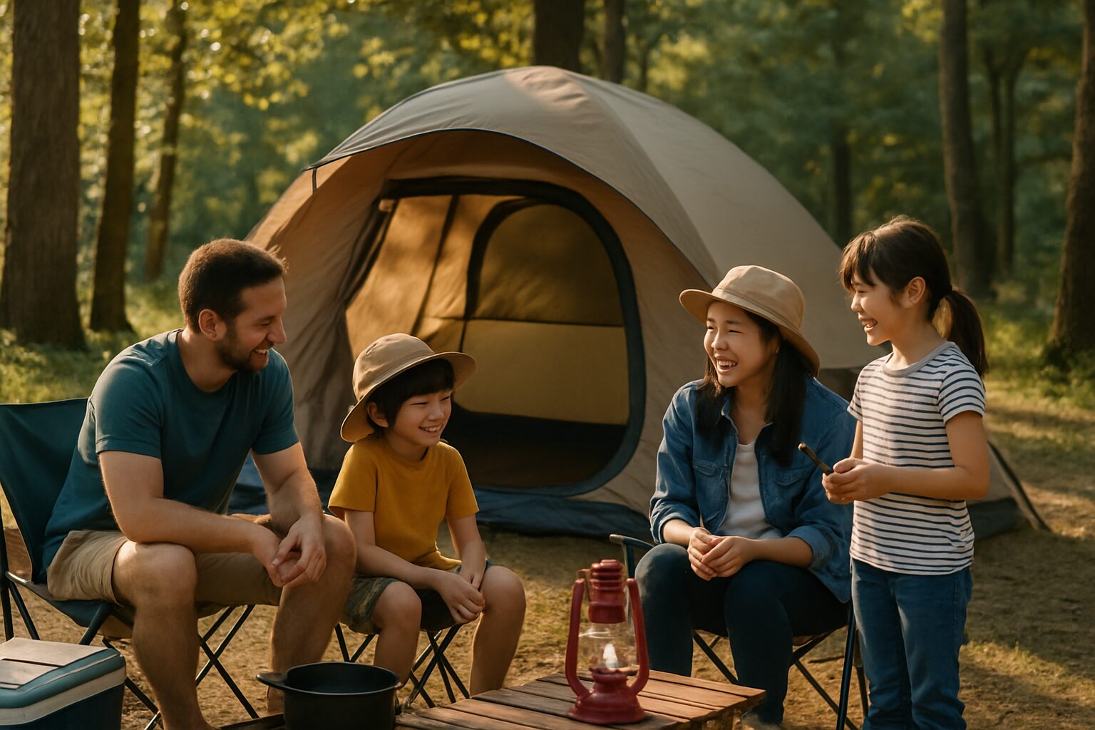 テントの前で微笑む家族。自然の中でアウトドアを楽しむ親子の様子