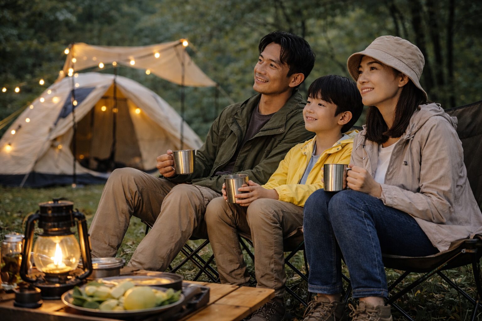 キャンプ場で家族がテントの近くに集まり、自然の中で落ち着いて過ごしている様子。屋外での時間を共有している風景。