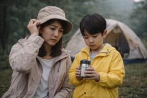 キャンプ場で親が少し考え込むような表情で立ち止まり、これからの過ごし方を考えている様子。初めてのキャンプに対する戸惑いをイメージした場面。