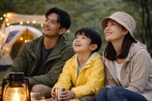 キャンプ場で親が遠くの景色を眺めながら立ち、これからのキャンプとの向き合い方を考えている様子。落ち着いた表情で自然を見渡している場面。