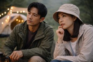 キャンプ場で両親が少し距離を取りながら立ち、子どもの様子を気にかけているような表情で周囲を見ている場面。