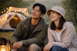 キャンプ場で両親が並んで立ち、少し安心したような表情で周囲の自然を眺めている様子。落ち着いた雰囲気の中でキャンプを振り返っている場面。